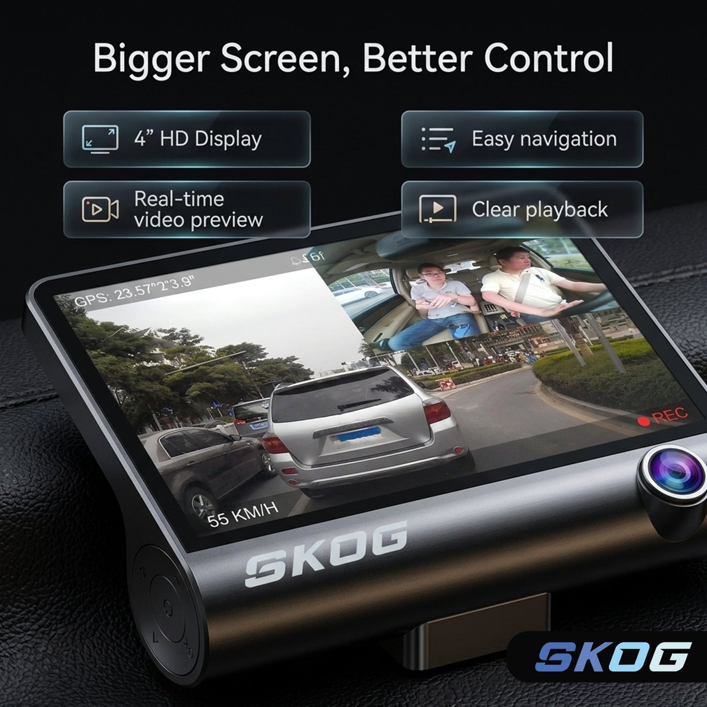 Skog SmartDrive HD Dash Cam 4" Display, Rear Camera, 170° Wide Angle