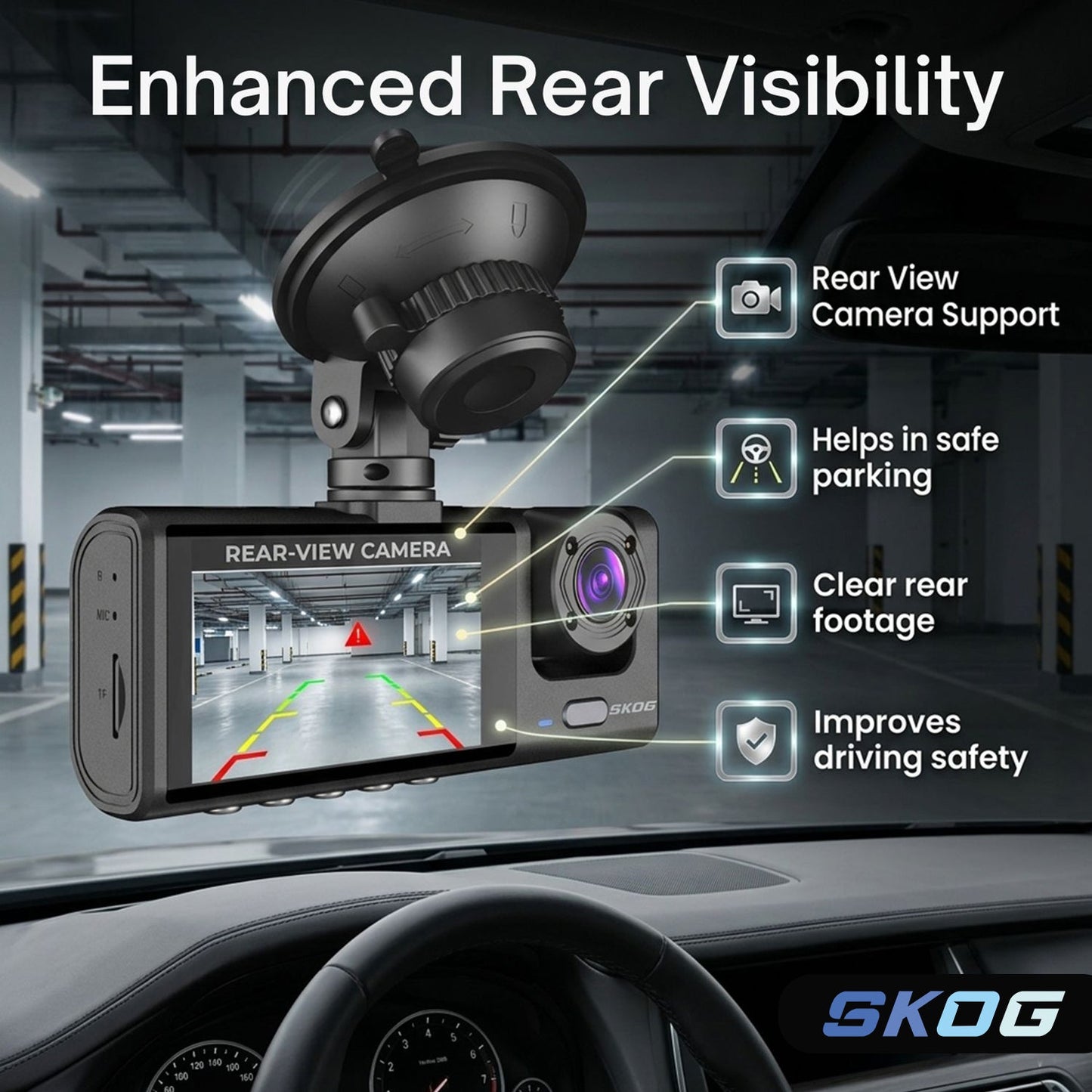 Skog 3 Channel Dashboard Camera, Night Vision, 24H Parking Monitoring