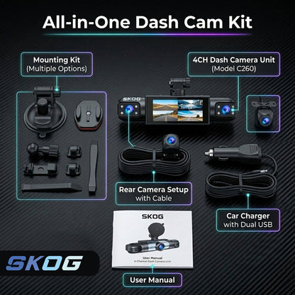 Skog 4 Channel Dashcam, FHD 1080P, 360° Protection, WiFi 6 & Loop Recording Dashboard Camera System