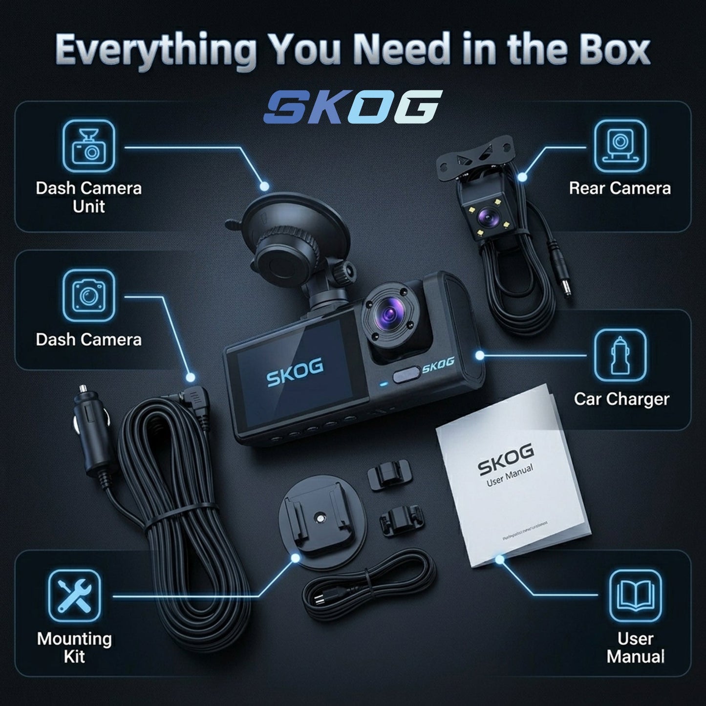 Skog 3 Channel Dashboard Camera, Night Vision, 24H Parking Monitoring