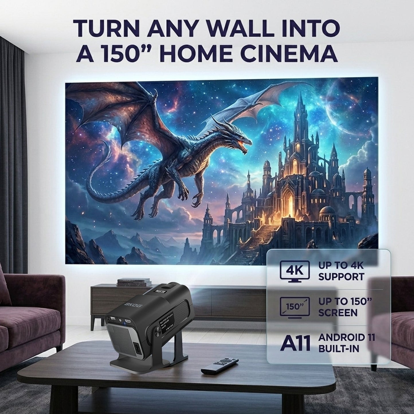 4K Support Native HD Android 11 WiFi 6/BT 5.0 Freestyle Auto Keystone 4500 LM
