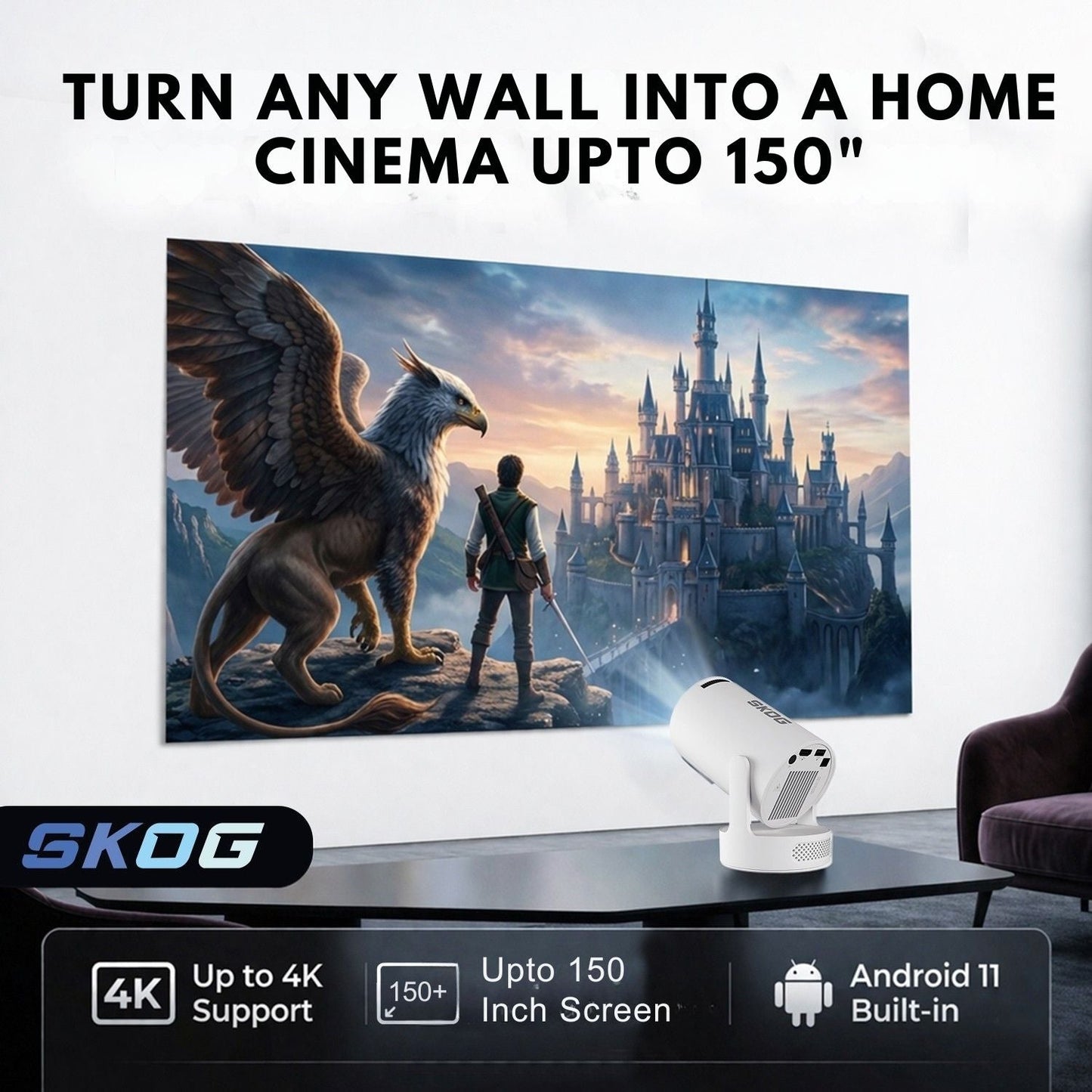 Smart Projector 4K HD WiFi6/BT5, Android 11, 180° Rotation, Auto Keystone, 4500 LM