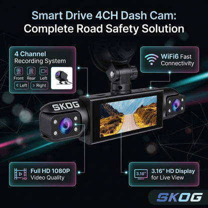 Skog 4 Channel Dashcam, FHD 1080P, 360° Protection, WiFi 6 & Loop Recording Dashboard Camera System