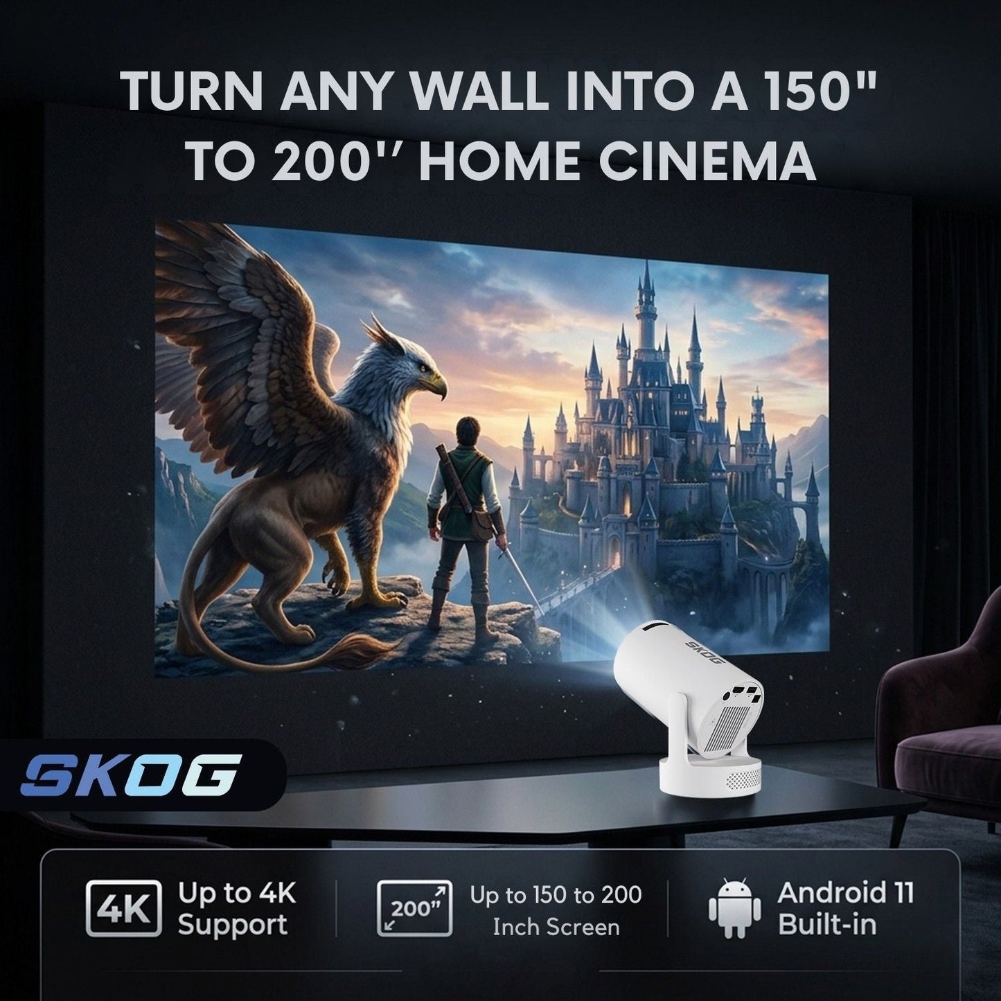 Smart Projector 4K HD WiFi6/BT5, Android 11, 180° Rotation, Auto Keystone, 4500 LM