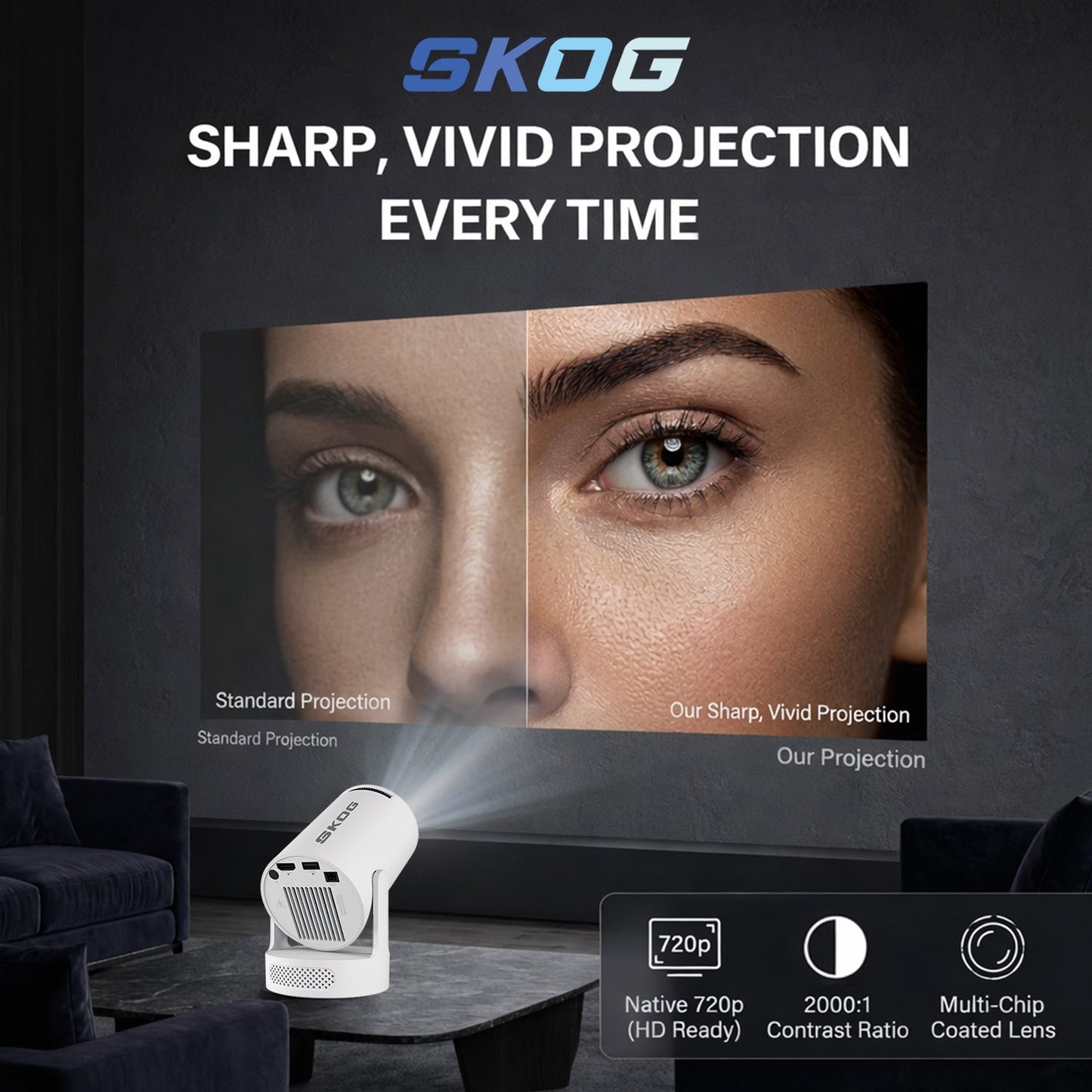 Smart Projector 4K HD WiFi6/BT5, Android 11, 180° Rotation, Auto Keystone, 4500 LM