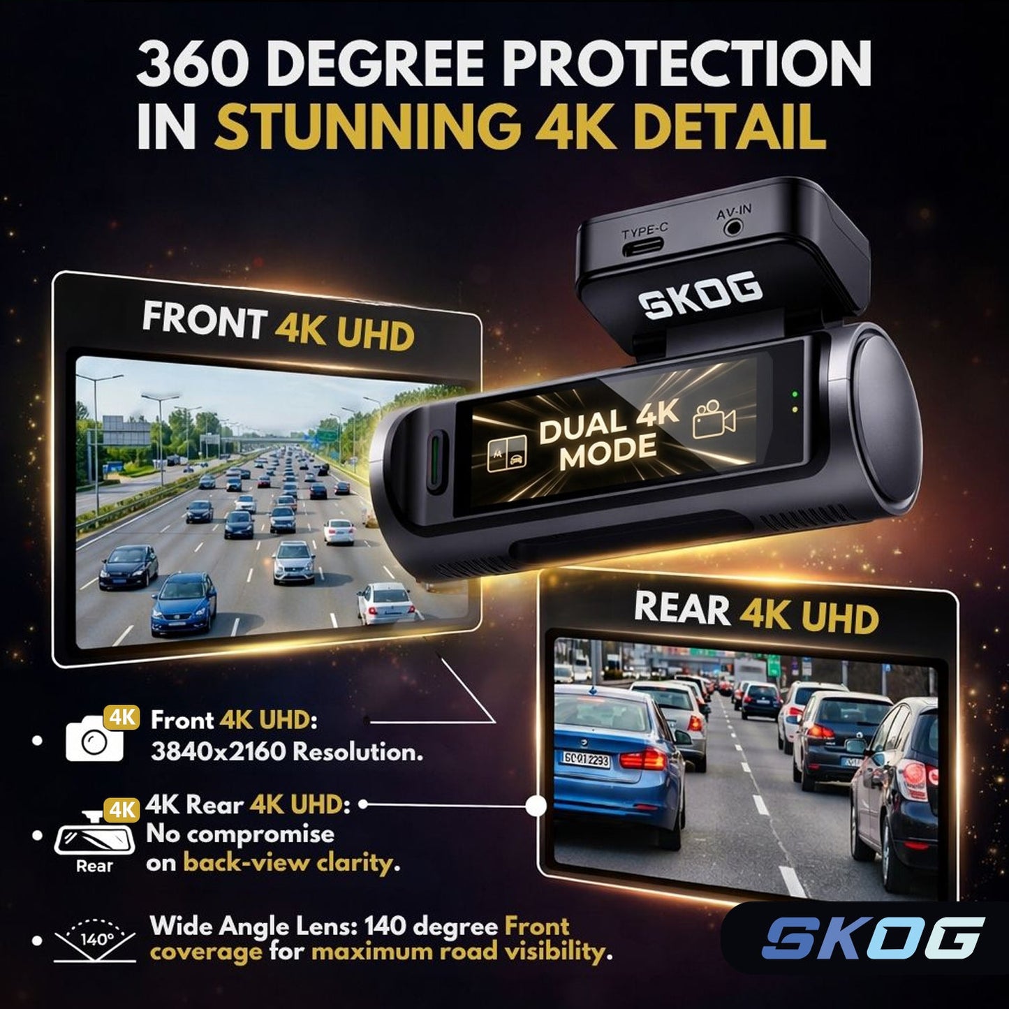 Skog 4K Camera Front & Rear View Night Vision, 24H Parking Monitoring, G-Sensor, WiFi 6