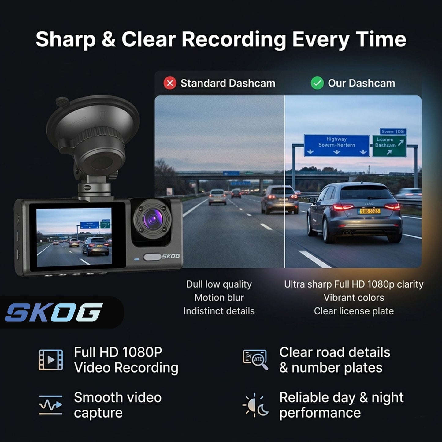 Skog 3 Channel Dashboard Camera, Night Vision, 24H Parking Monitoring