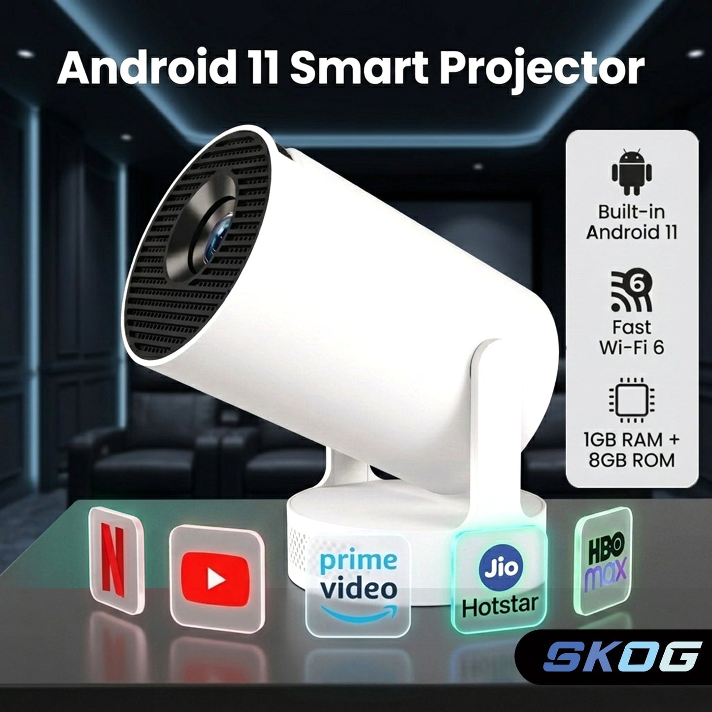 Smart Projector 4K HD WiFi6/BT5, Android 11, 180° Rotation, Auto Keystone, 4500 LM