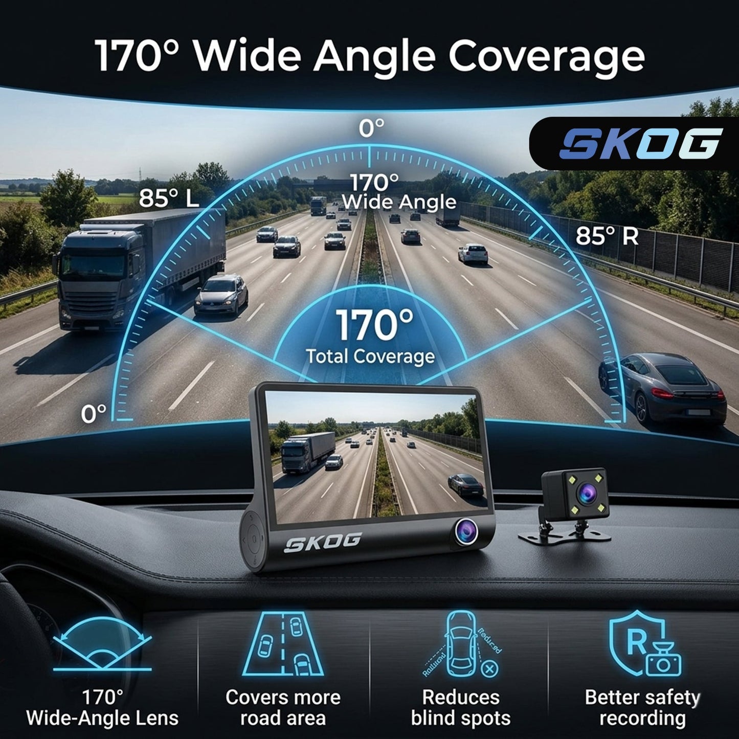 Skog SmartDrive HD Dash Cam 4" Display, Rear Camera, 170° Wide Angle