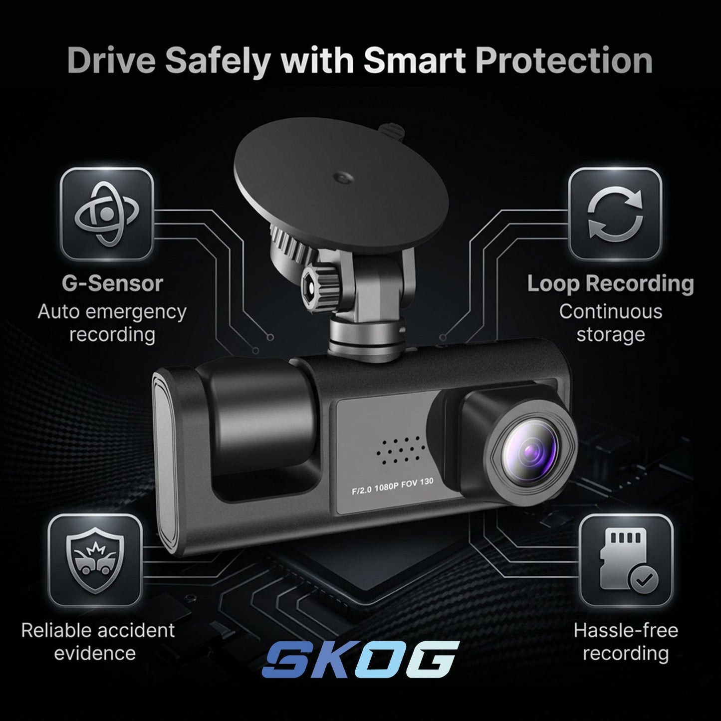 Skog 3 Channel Dashboard Camera, Night Vision, 24H Parking Monitoring